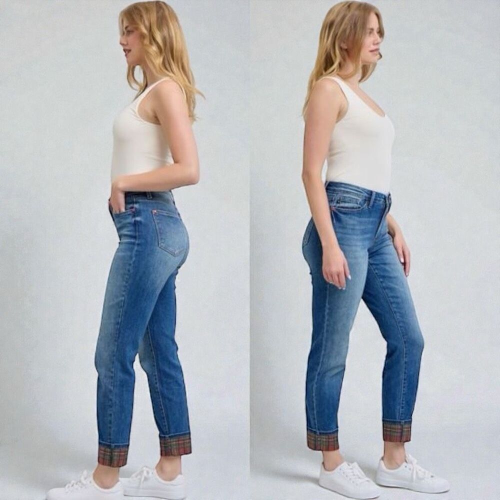 Judy Blue Buffalo Plaid Cuff Straight Leg Jeans Mid Rise Size 13/31 NWT - Picture 5 of 16
